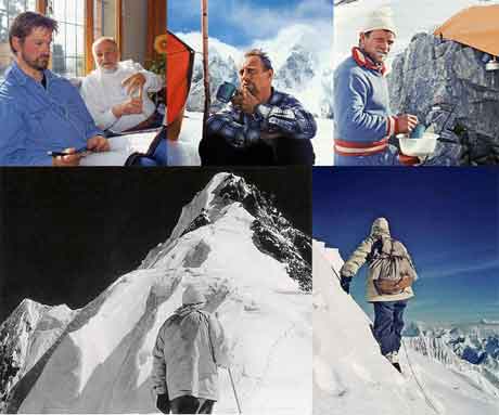 
Jochen Hemmleb and Kurt Diemberger 2006, Marcus Schmuck 1957, Fritz Wintersteller 1957, Hermann Buhl stares up at the Broad Peak forepeak with the summit to the left on June 9, 1957, Hermann Buhl On Chogolisa - Broad Peak Traum Und Albtraum book
